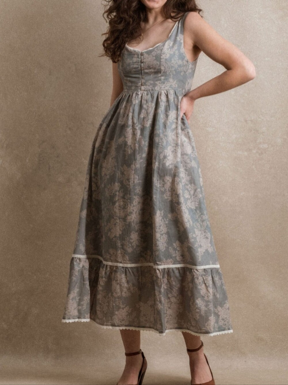 Neuflora Selah Sleeveless Blue Floral Maxi Dress with Cream Lace Trim S NWT